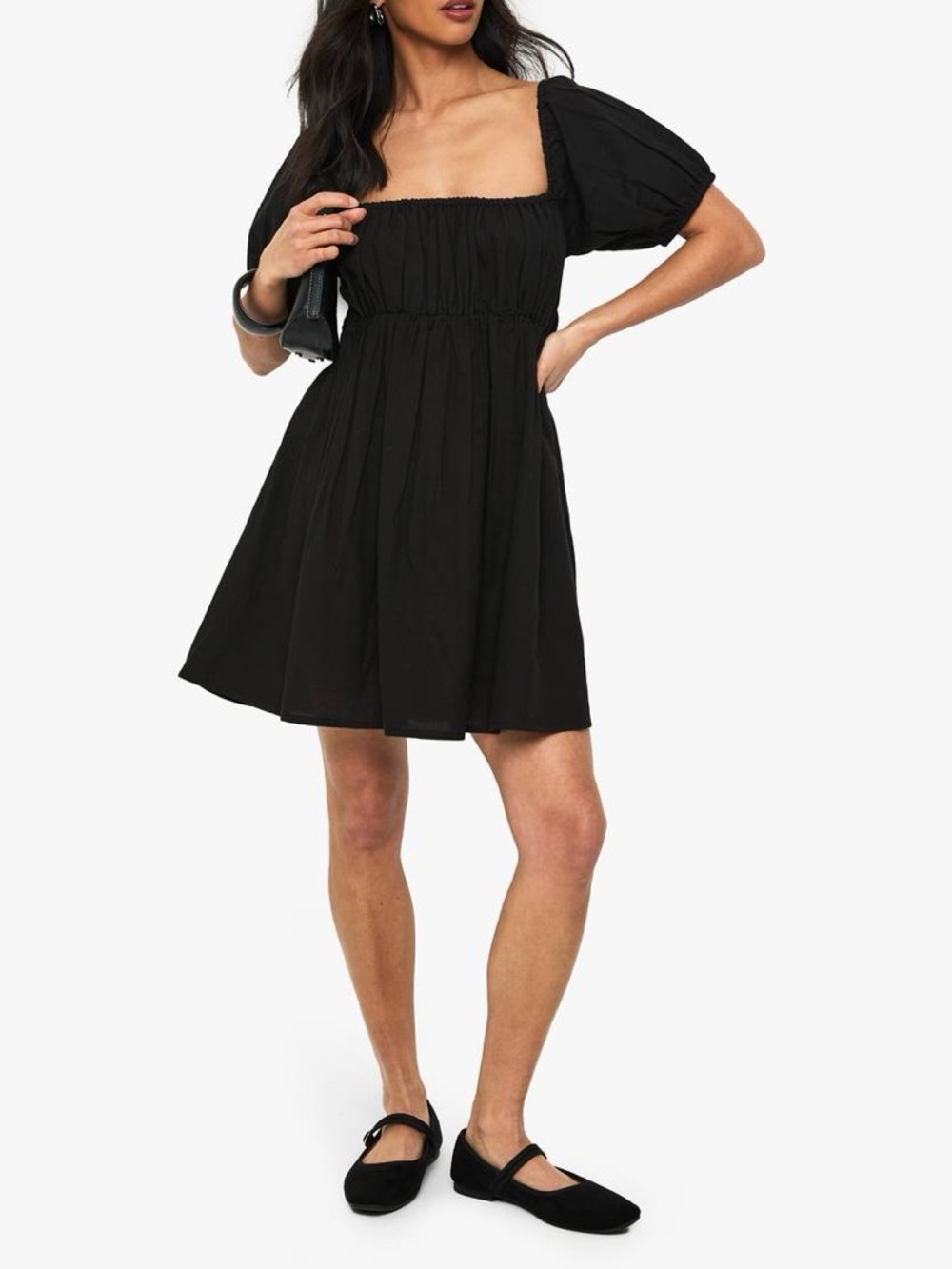 LOVE RICHE black babydoll mini dress with open back with crisscross tie details